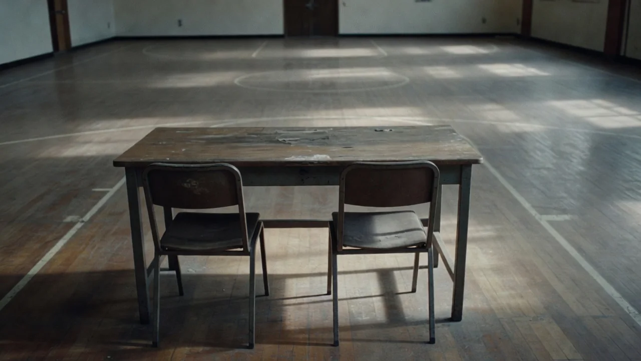 Scorer's table with empty chairs facing a quiet court