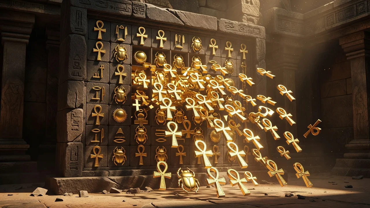 Megaways slot reels with cascading gold symbols on a dark screen