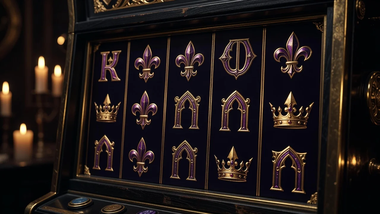 Close-up of cascading slot reels with gold and purple symbols