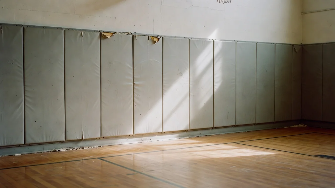 Gym wall padding and the corner of an empty basketball court