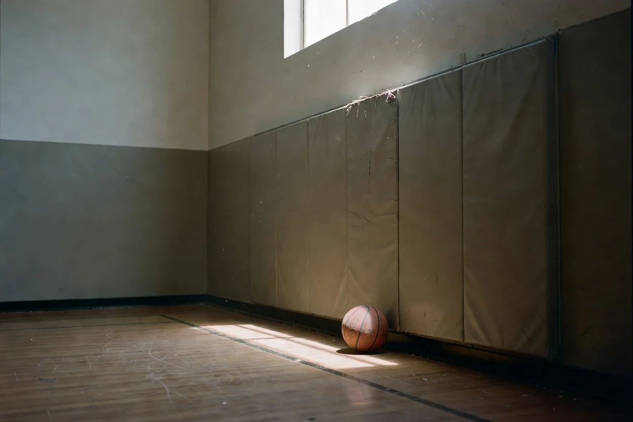 Basketball resting against gym wall padding under a high window