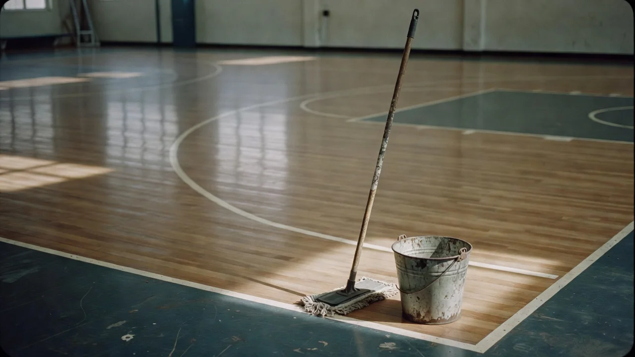 Mop and bucket standing at the edge of a polished court