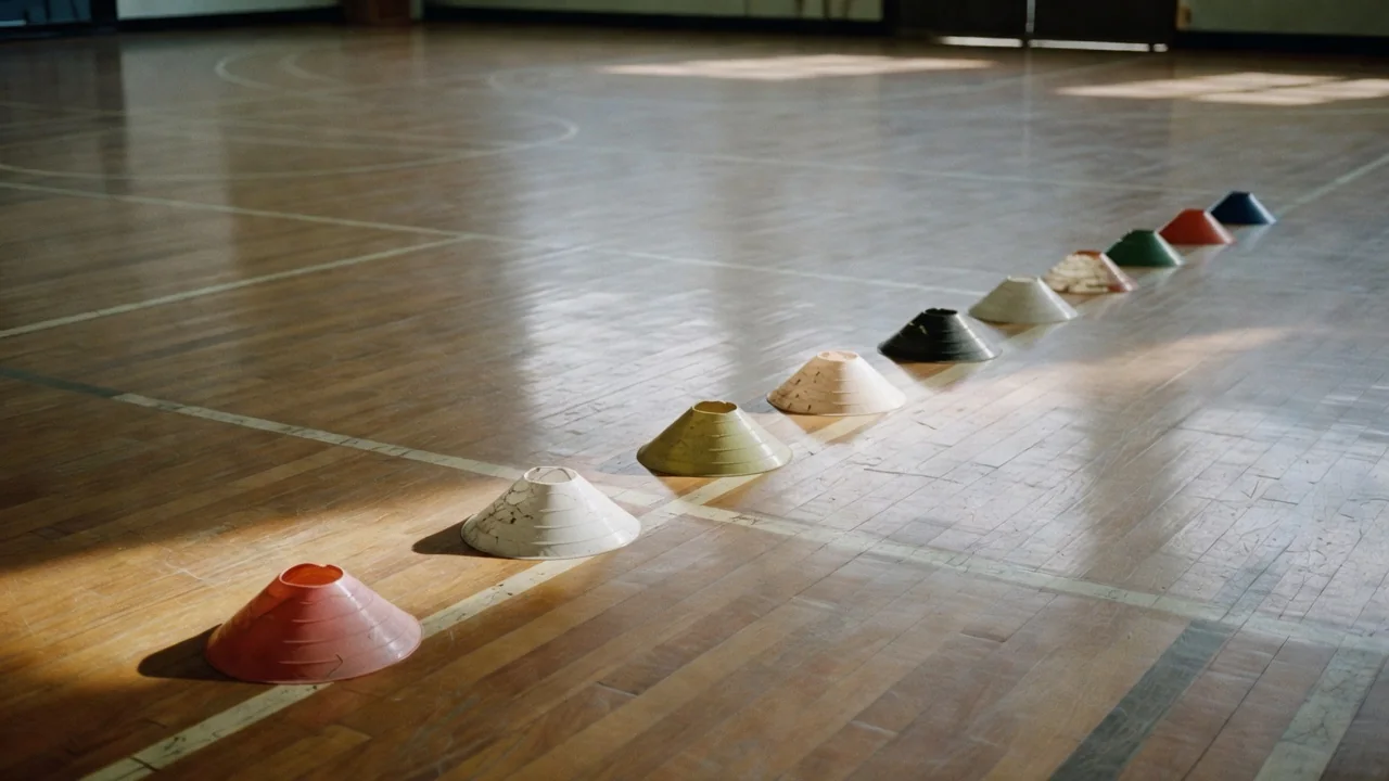 Row of training cones lined up along the sideline of a basketball court
