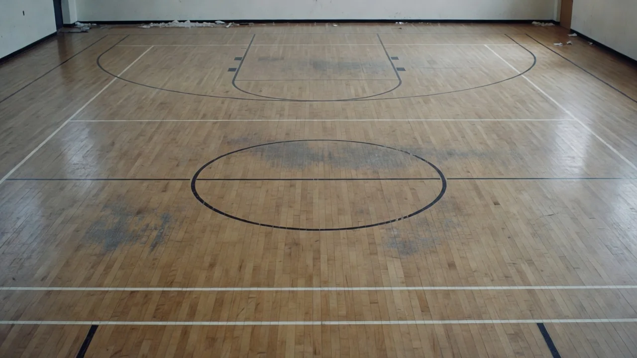 Basketball court three-point arc photographed from above in an empty gym