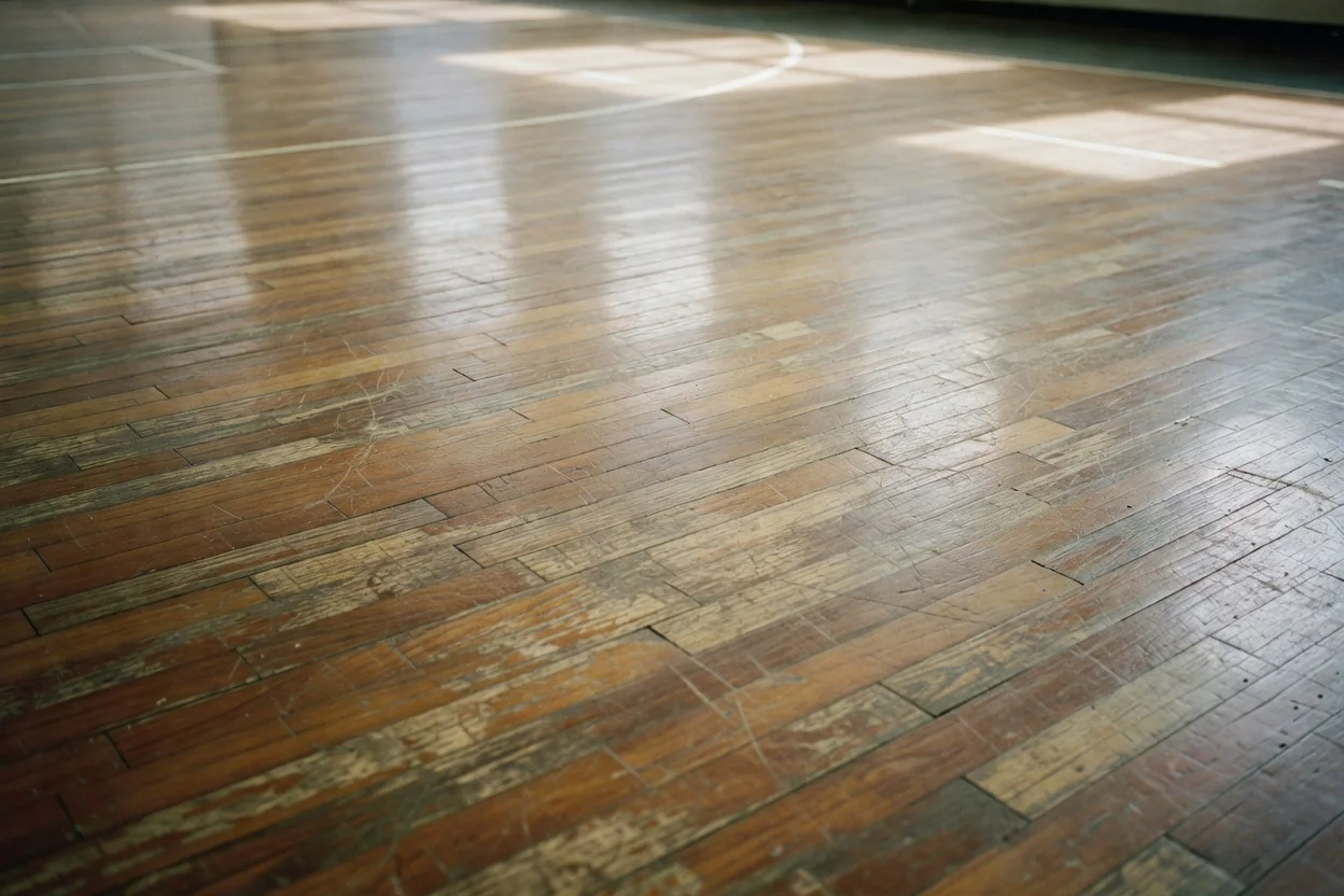 Close-up of worn parquet wood grain on a basketball court