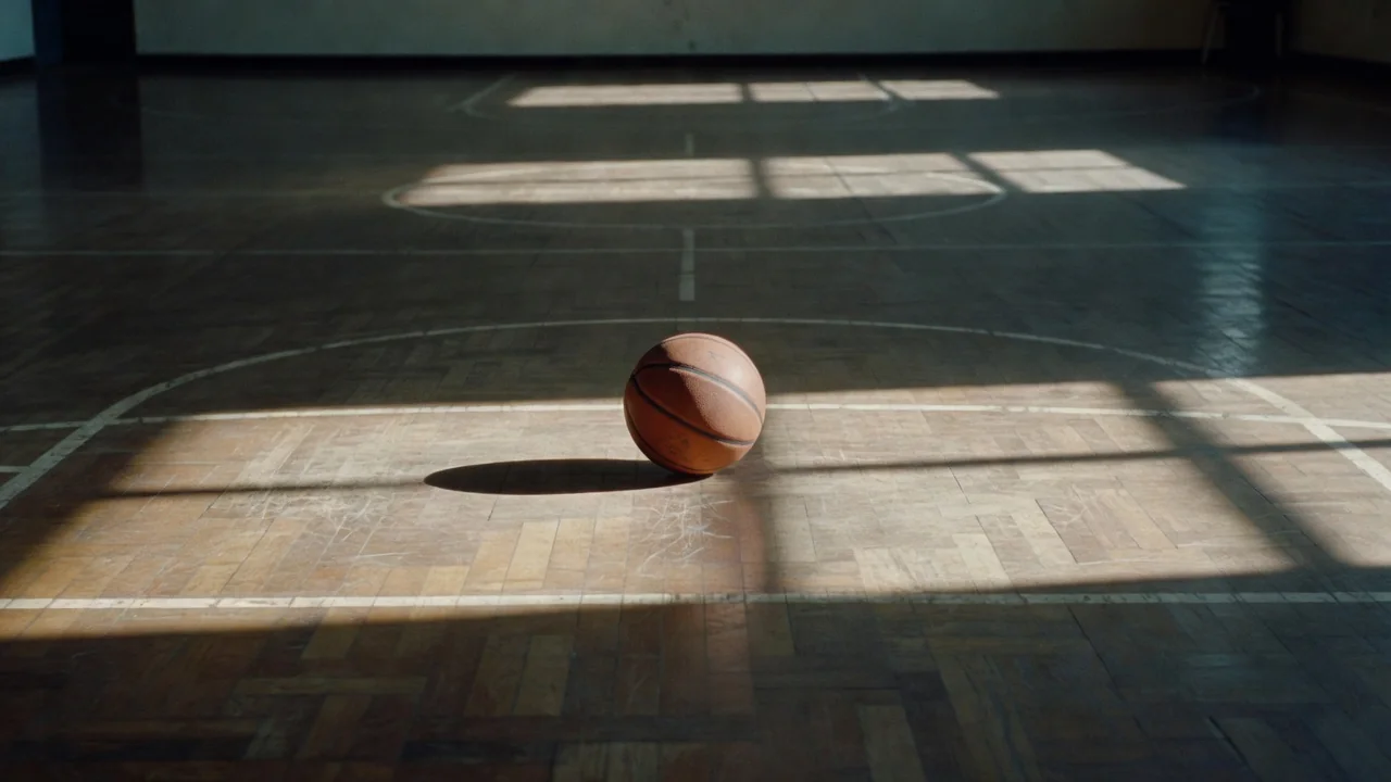 Basketball resting on the parquet near the center circle line