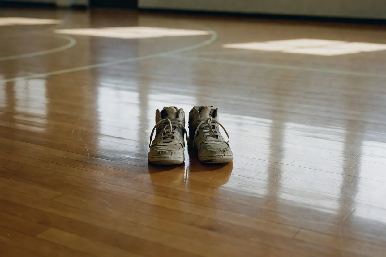 Pair of basketball sneakers standing on polished wooden court