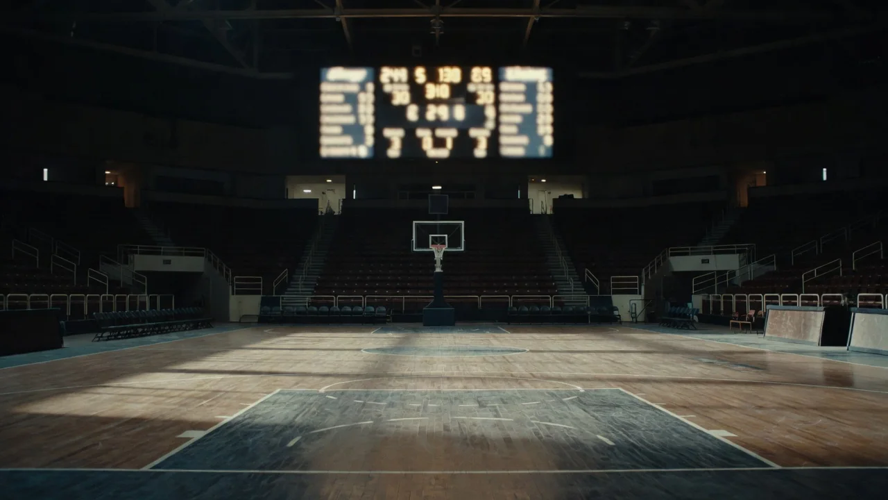 Glowing arena scoreboard with blurred unreadable digits in the dark