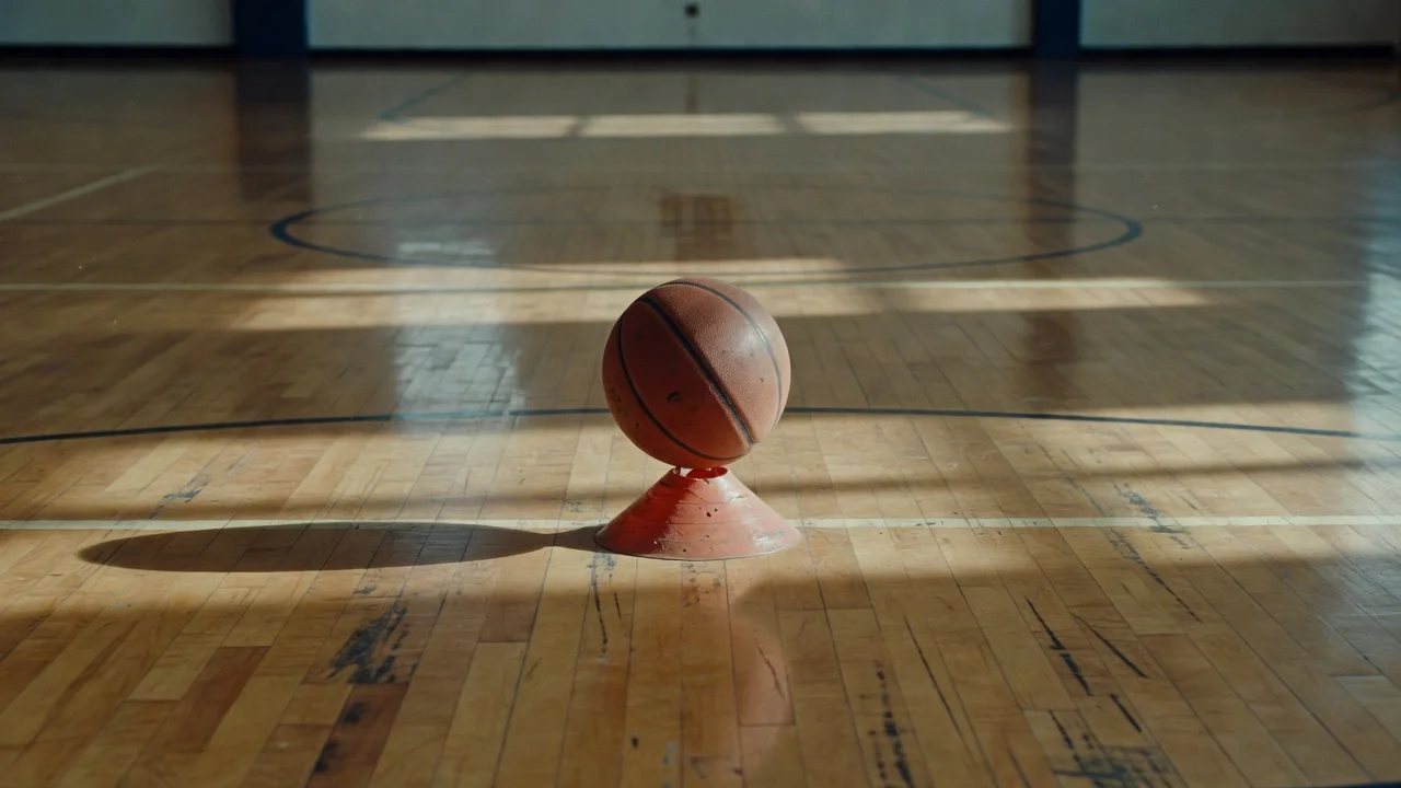 Basketball balanced on top of a training cone at center court
