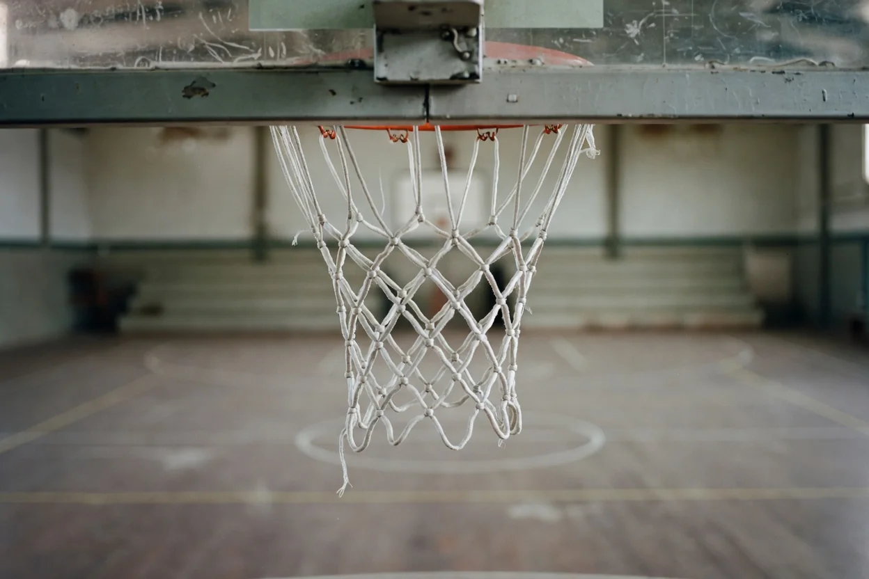Basketball net close-up with blurred empty court in the background