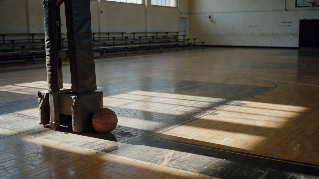 Basketball gym corner with a lone ball by the padded basket stanchion