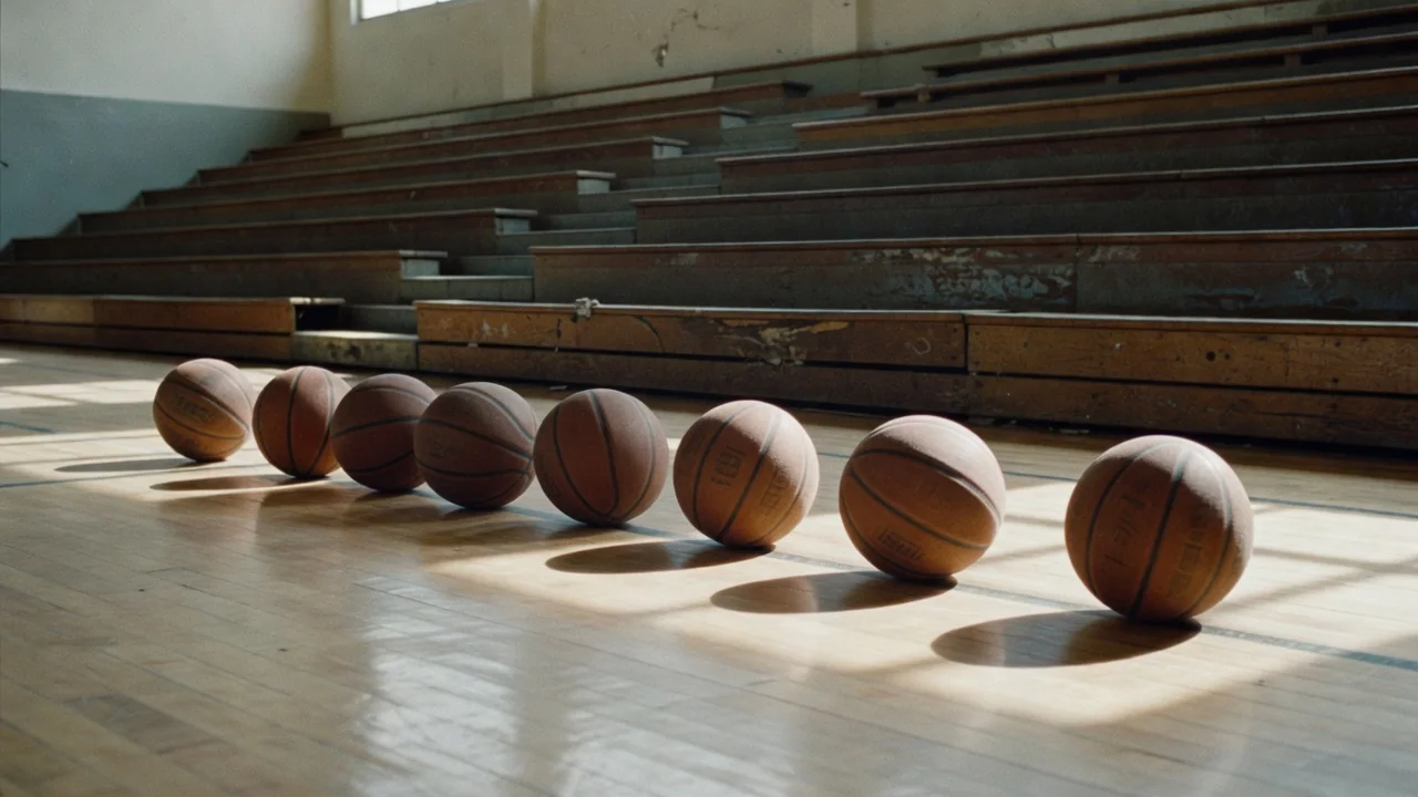 Row of basketballs on the floor in front of empty bleachers