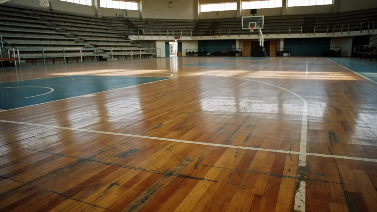 Polished parquet floor reflecting arena lights in an empty hall