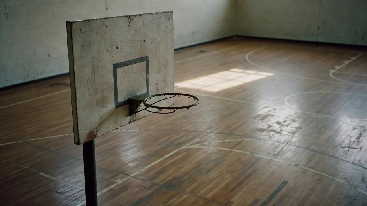 Basketball backboard and rim seen from the side in an empty hall