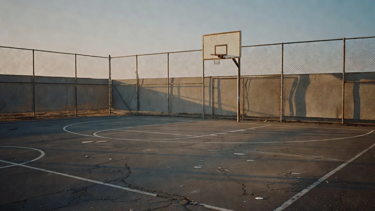 Empty outdoor basketball court behind a chain-link fence at dusk