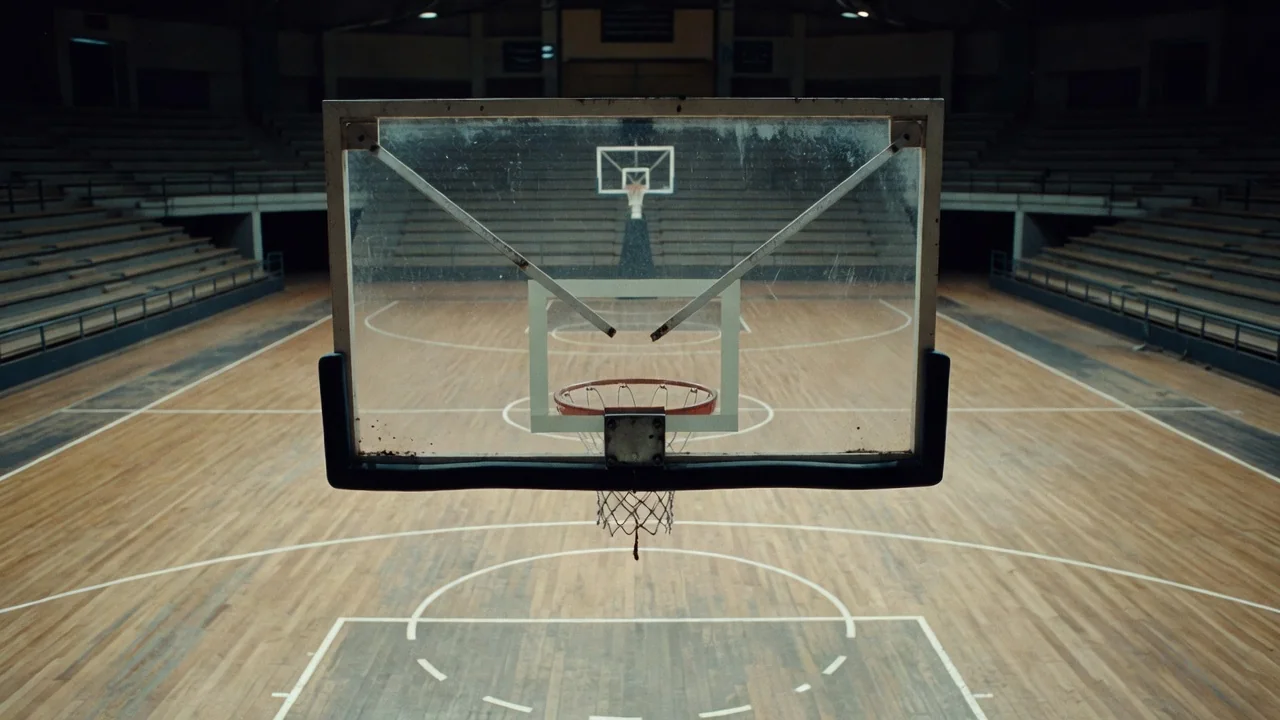 Basketball backboard viewed from behind the glass in an empty arena