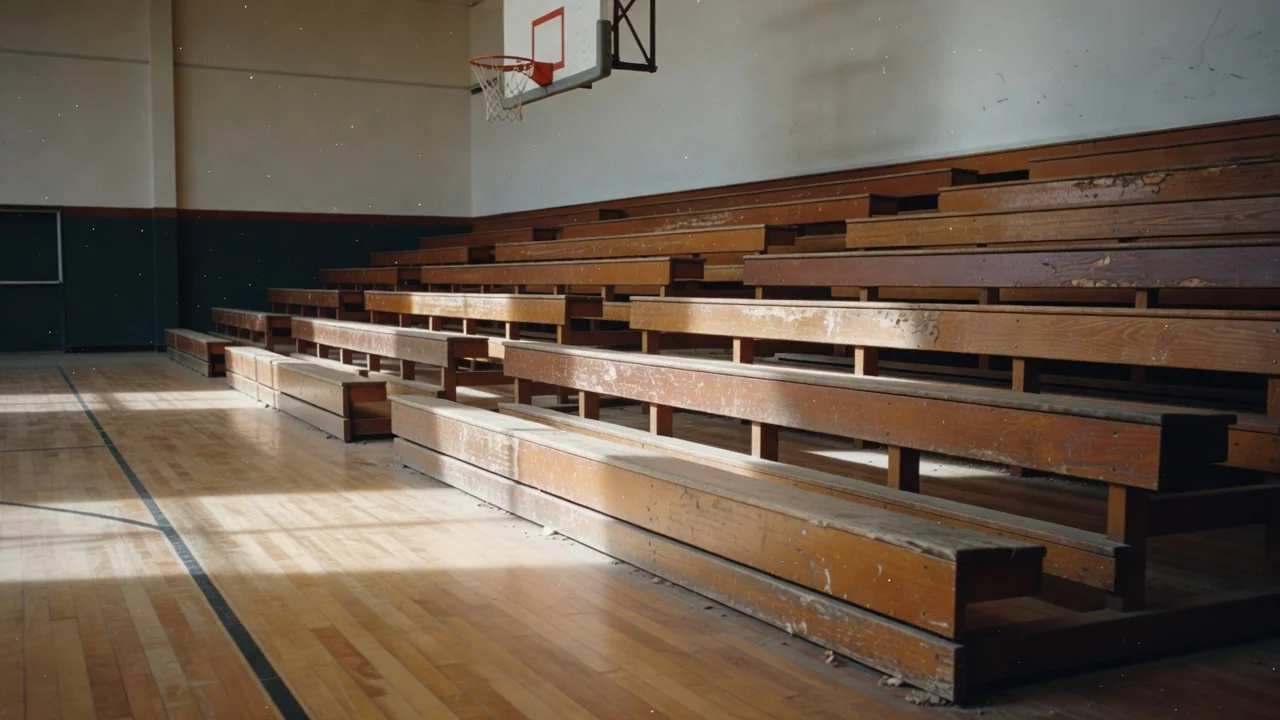 Empty wooden bleachers inside a small basketball gym