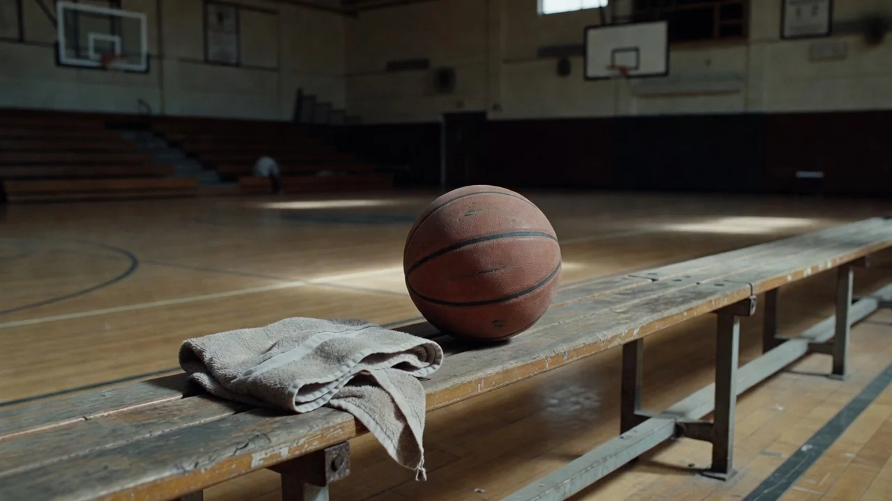 Basketball and a folded towel on an empty team bench